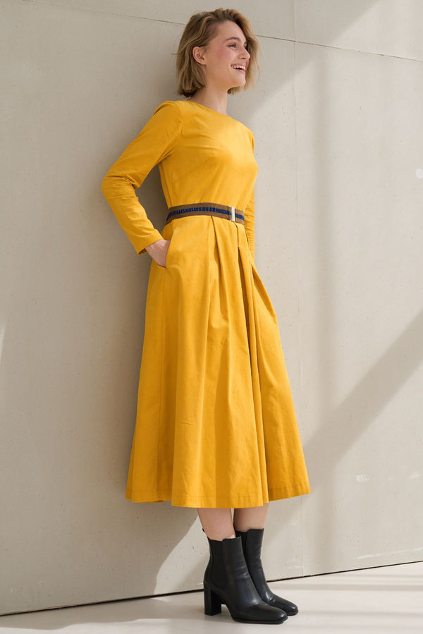 Yellow Corduroy Belted Dress