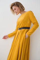 Yellow Corduroy Belted Dress