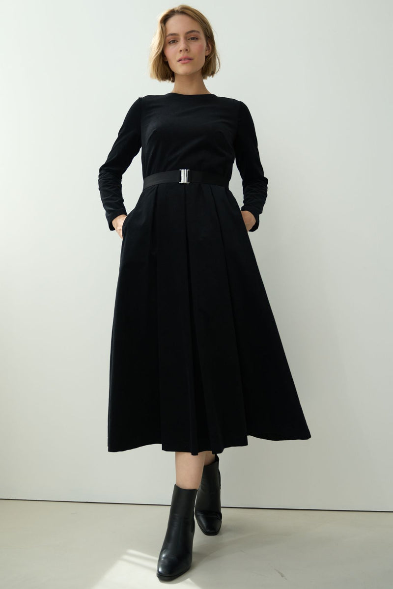 Black Corduroy Belted Dress