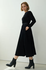 Black Corduroy Belted Dress