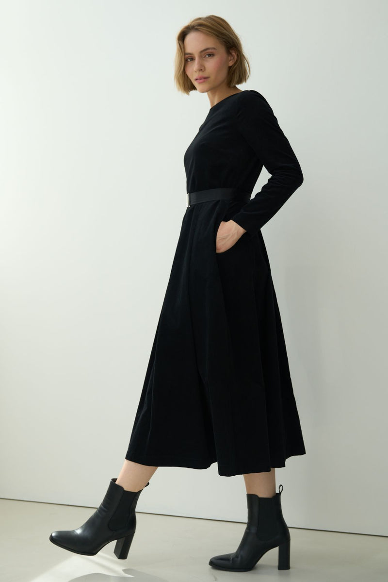 Feincord Kleid mit Gürtel Schwarz