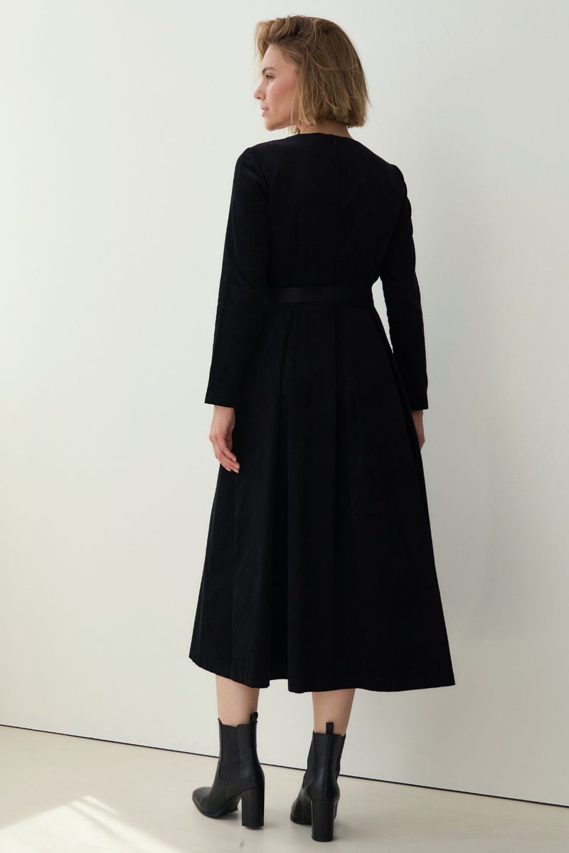 Black Corduroy Belted Dress