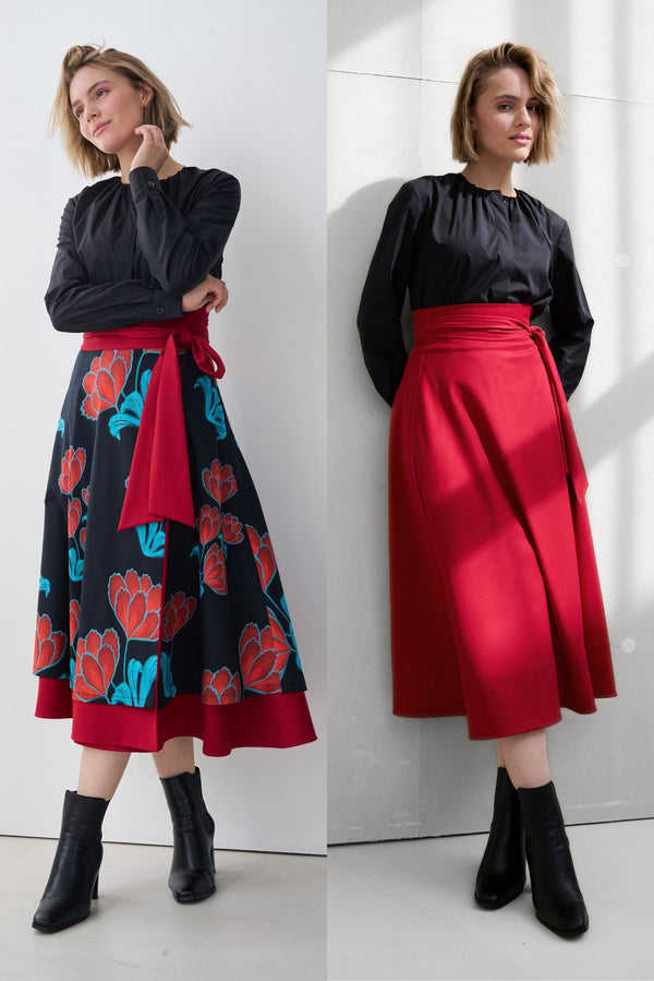 Reversible Wrap Skirt Blooms & Red