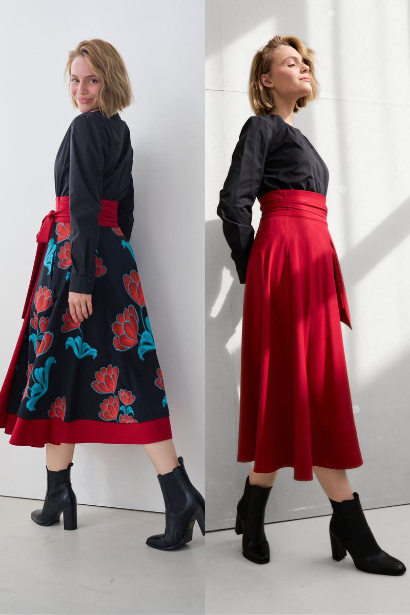 Wrap Skirt Blooms Print & Red