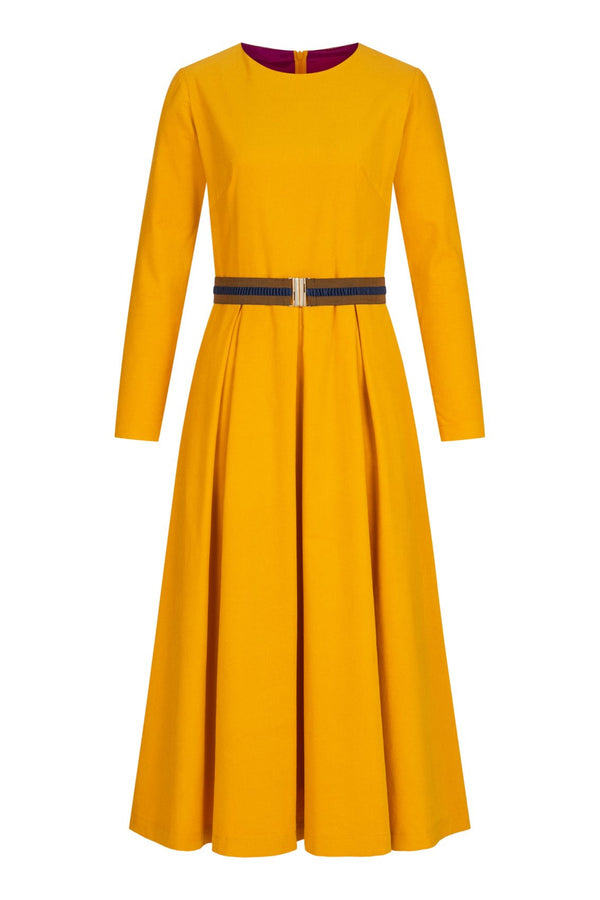 Yellow Corduroy Belted Dress