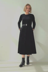 Black Corduroy Belted Dress